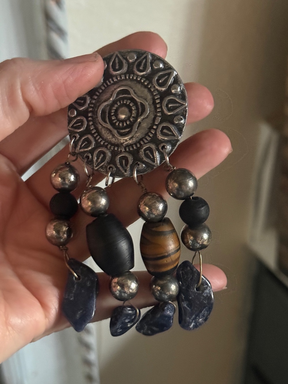Vintage Moroccan Bohemian Silver Black Beaded Drop dangle brooch pin